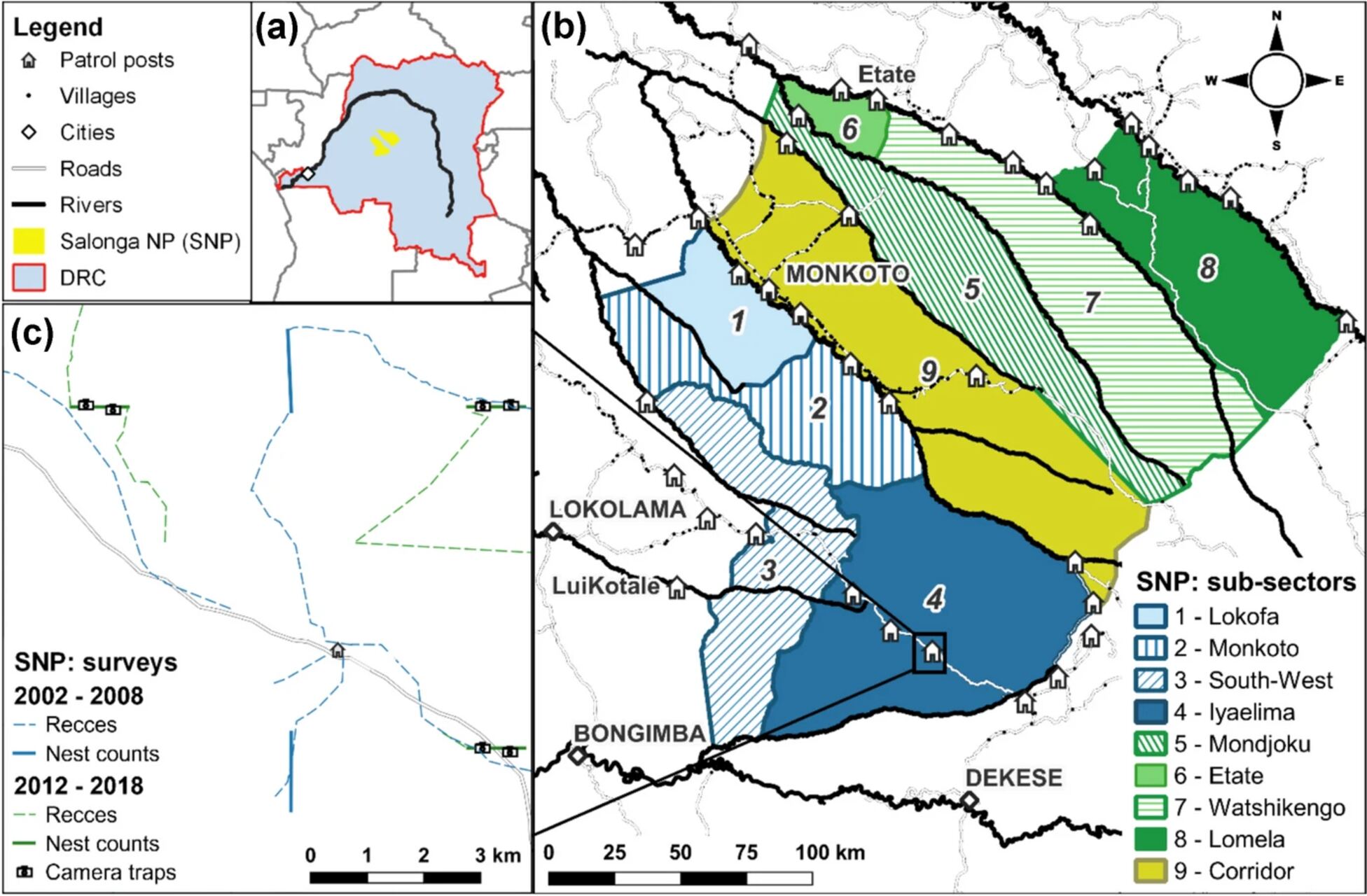 Bonobo: grafico di ricerca sulla densità e presenza dei primati a Salonga, con confronto tra metodi di rilevamento, dati ecologici, aree protette e conservazione della fauna selvatica
