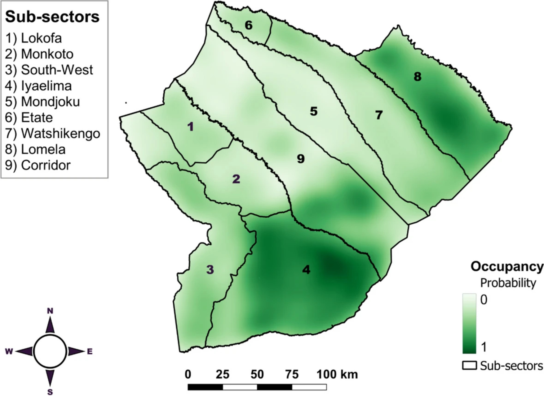 Bonobo: grafico di ricerca sulla densità e presenza dei primati a Salonga, con confronto tra metodi di rilevamento, dati ecologici, aree protette e conservazione della fauna selvatica