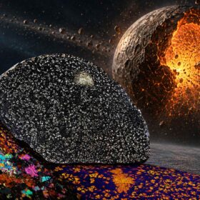 Pianeti scomparsi: rappresentazione concettuale di NWA 12774, meteorite che suggerisce l’esistenza di un antico corpo planetario distrutto da collisioni primordiali nel Sistema Solare interno iniziale