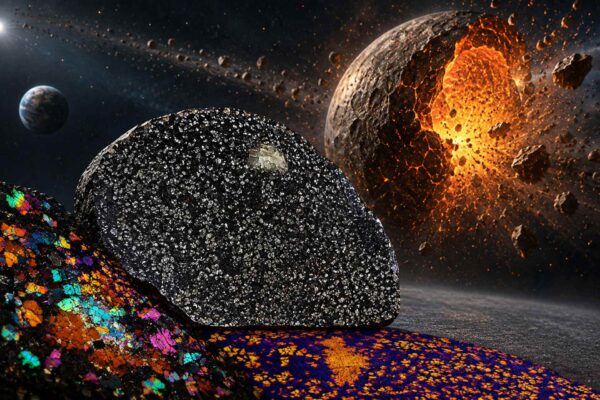 Pianeti scomparsi: rappresentazione concettuale di NWA 12774, meteorite che suggerisce l’esistenza di un antico corpo planetario distrutto da collisioni primordiali nel Sistema Solare interno iniziale