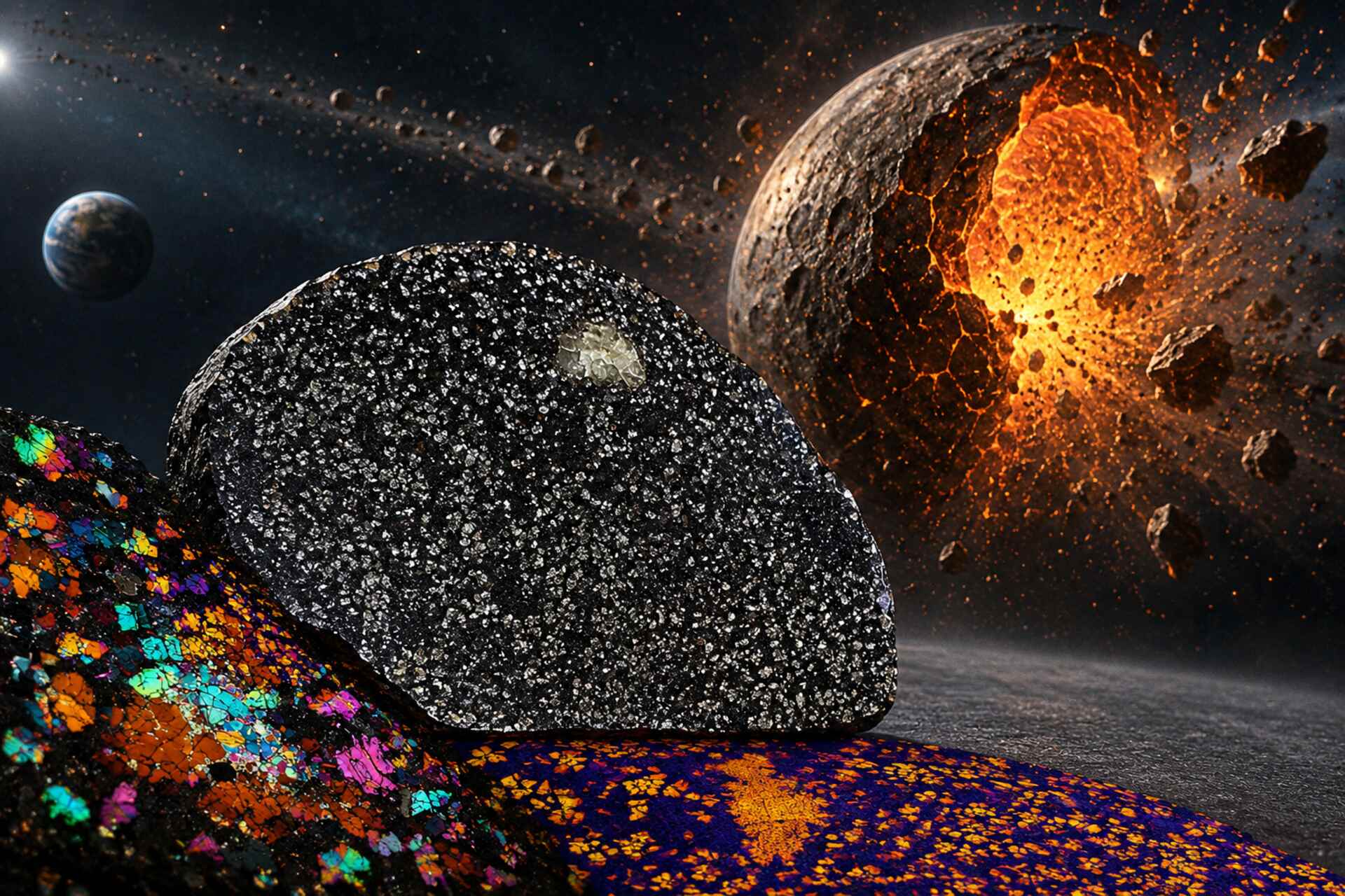 Pianeti scomparsi: rappresentazione concettuale di NWA 12774, meteorite che suggerisce l’esistenza di un antico corpo planetario distrutto da collisioni primordiali nel Sistema Solare interno iniziale