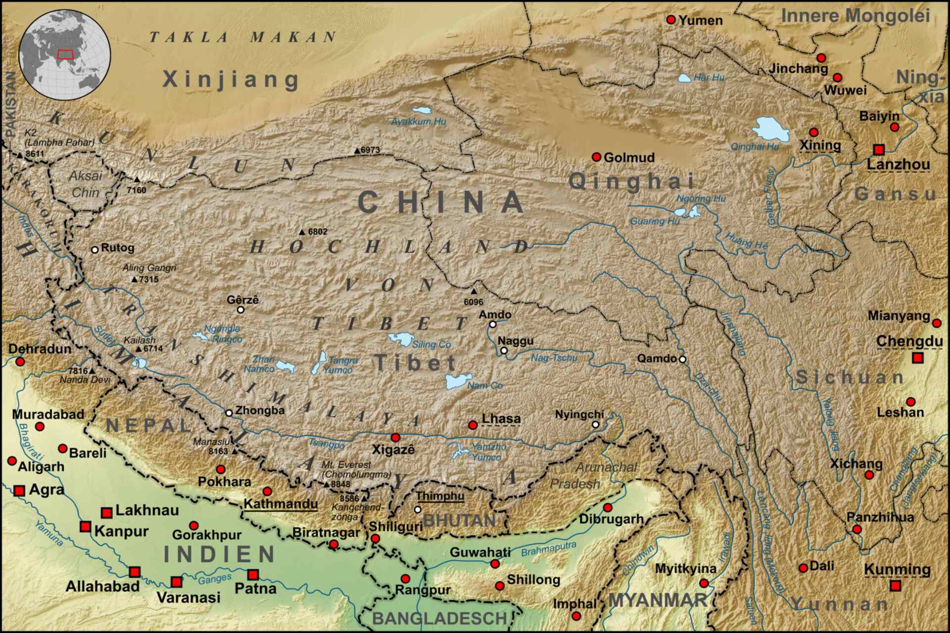 Permafrost: mappa del Plateau Qinghai-Tibet tra Cina, Himalaya e bacini fluviali asiatici, area chiave per studiare disgelo, rocce esposte e bilancio naturale della CO2 nei fiumi d’alta quota asiatici