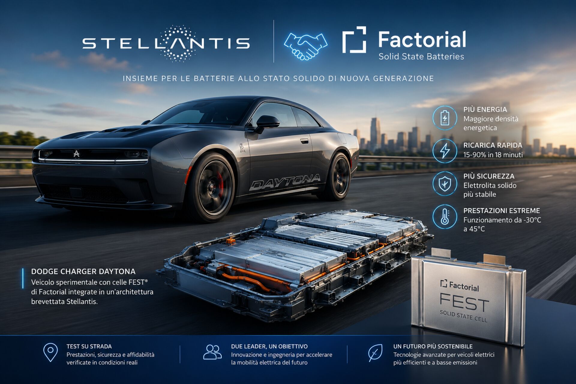 Batteria solida: collaborazione tra Stellantis e Factorial per integrare celle FEST® in un’auto elettrica, validando pacco batteria, gestione termica, autonomia, sicurezza e ricarica veloce su strada