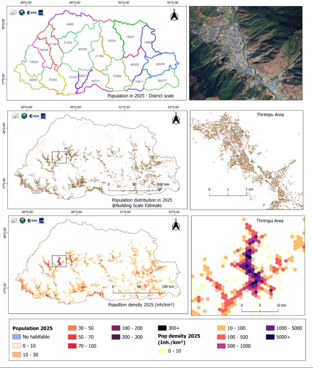 Visualizzazione satellitare e cartografica del Bhutan per la pianificazione sanitaria, con dati su popolazione, strutture mediche e tempi di viaggio verso i servizi di cura
