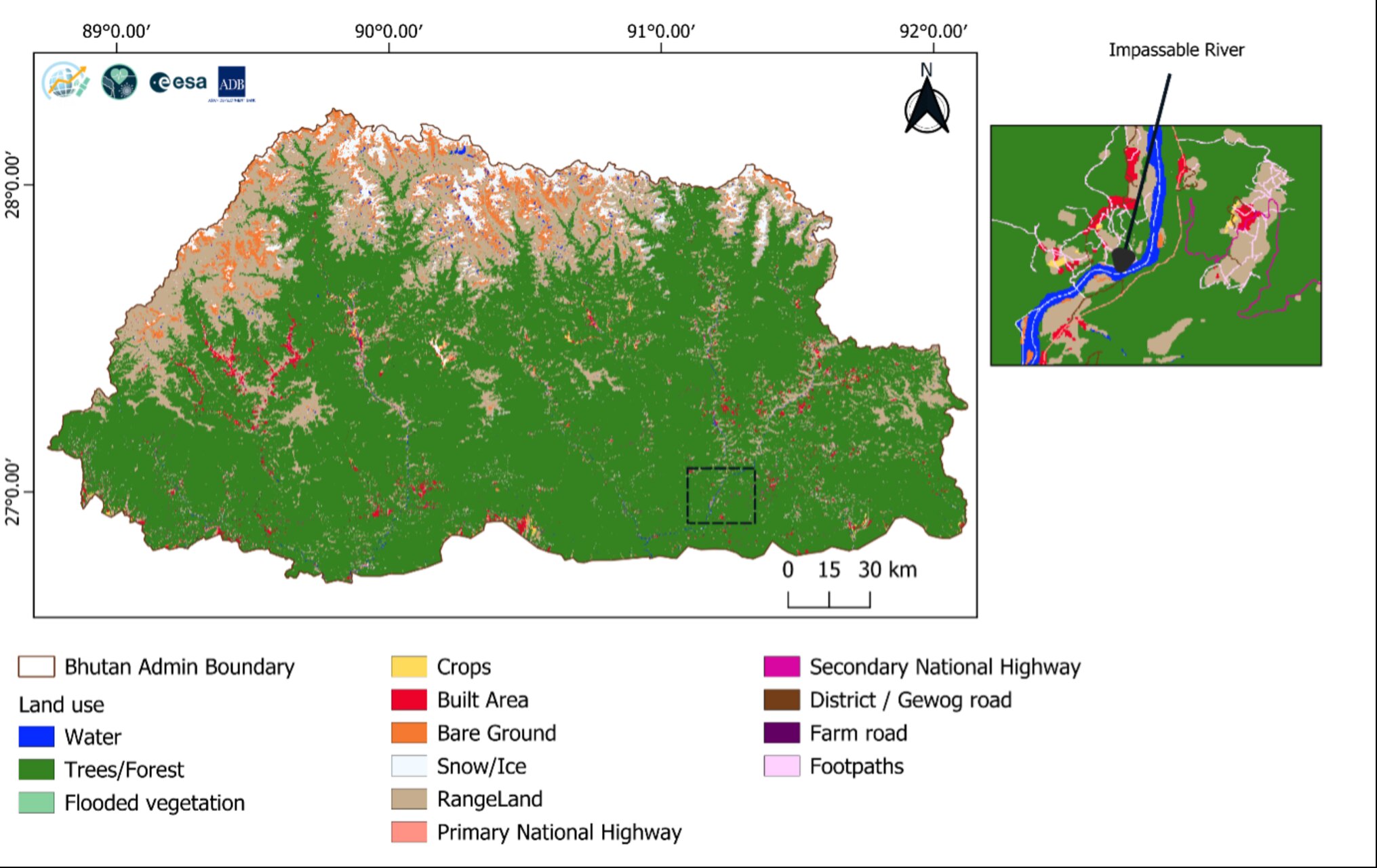 Visualizzazione satellitare e cartografica del Bhutan per la pianificazione sanitaria, con dati su popolazione, strutture mediche e tempi di viaggio verso i servizi di cura
