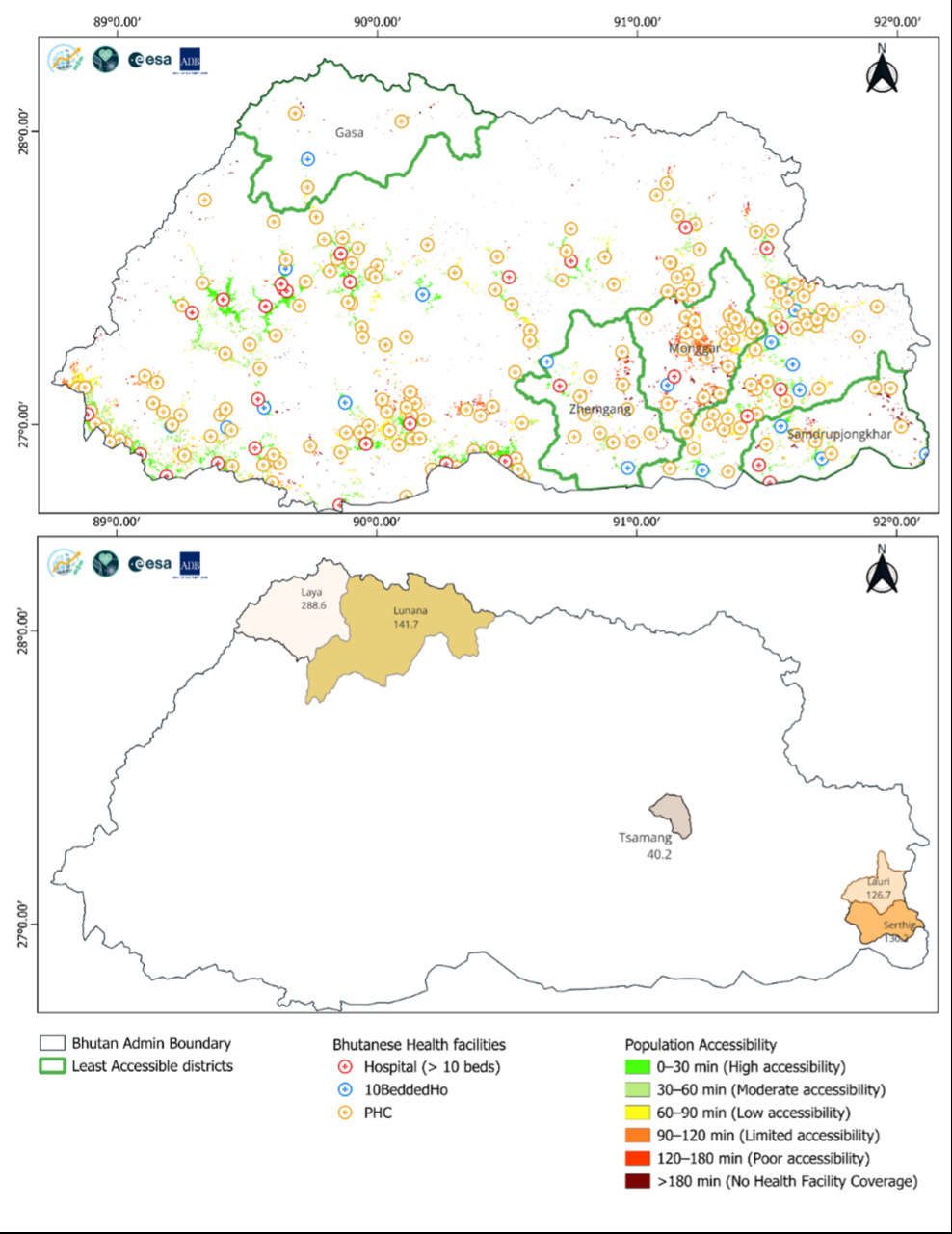 Mappa del Bhutan con analisi geospaziale dell’accessibilità sanitaria, utile a individuare le aree remote dove la telemedicina può rafforzare il collegamento tra comunità locali e ospedali