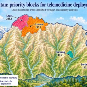 Mappa del Bhutan con analisi geospaziale dell’accessibilità sanitaria, utile a individuare le aree remote dove la telemedicina può rafforzare il collegamento tra comunità locali e ospedali