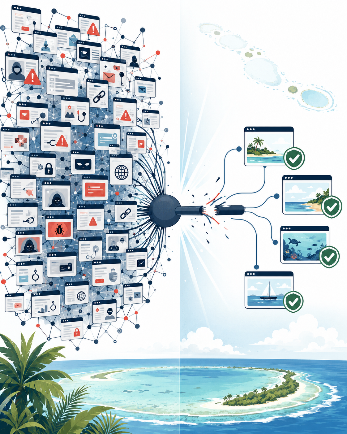 Dominio TK: rappresentazione geografica di Tokelau nel Pacifico meridionale, con gli atolli di Atafu, Nukunonu e Fakaofo collegati al dominio Internet del territorio