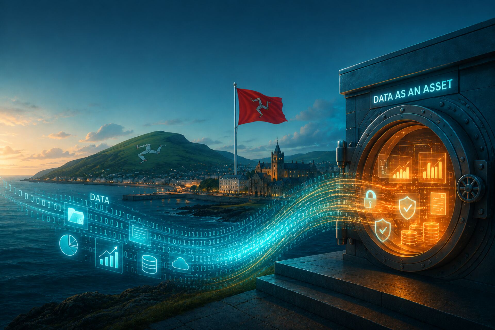 Isola di Man: composizione tecnologica in verde petrolio e arancione con mappe, reti e dati digitali, pensata per rappresentare innovazione, fiducia e asset informativi