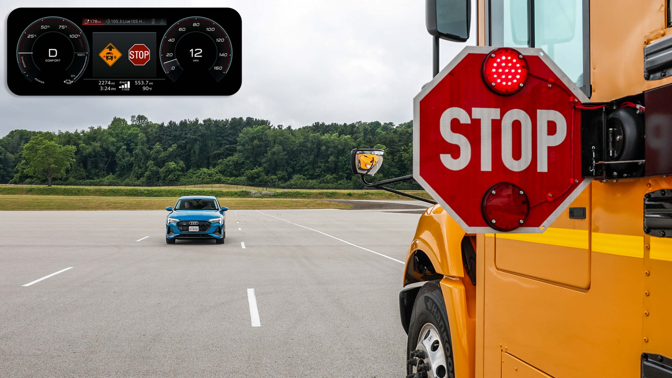 L’auto dialoga con lo scuolabus: la sperimentazione di Audi, Navistar e Applied Information mostra un possibile uso del C-V2X per proteggere studenti e autisti nel traffico