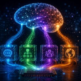 IA dell’EPFL: rappresentazione di un sistema di intelligenza artificiale modulare ispirato alle funzioni cognitive, con componenti dedicate a linguaggio, logica, relazioni sociali e conoscenza