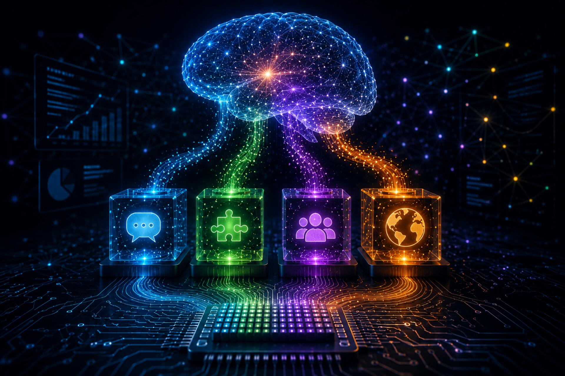 IA dell’EPFL: rappresentazione di un sistema di intelligenza artificiale modulare ispirato alle funzioni cognitive, con componenti dedicate a linguaggio, logica, relazioni sociali e conoscenza