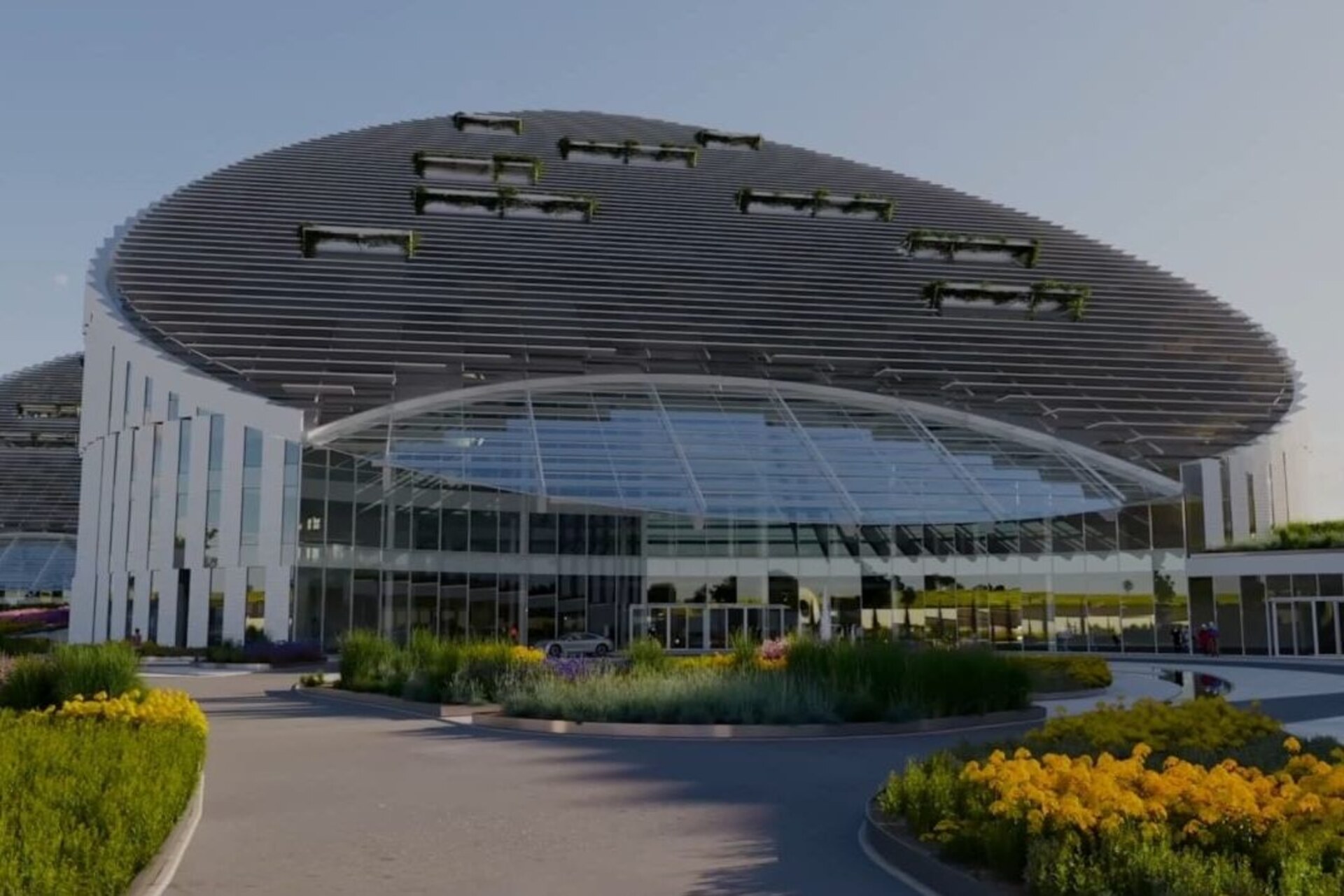 Kurdistan: render architettonico del campus scientifico con spazi verdi, percorsi pedonali, coperture solari e ambienti collaborativi pensati per ricerca applicata, tecnologia e trasferimento di conoscenza