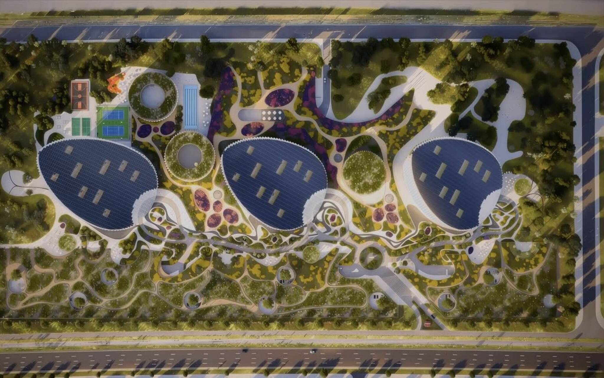 Kurdistan: render architettonico del campus scientifico con spazi verdi, percorsi pedonali, coperture solari e ambienti collaborativi pensati per ricerca applicata, tecnologia e trasferimento di conoscenza